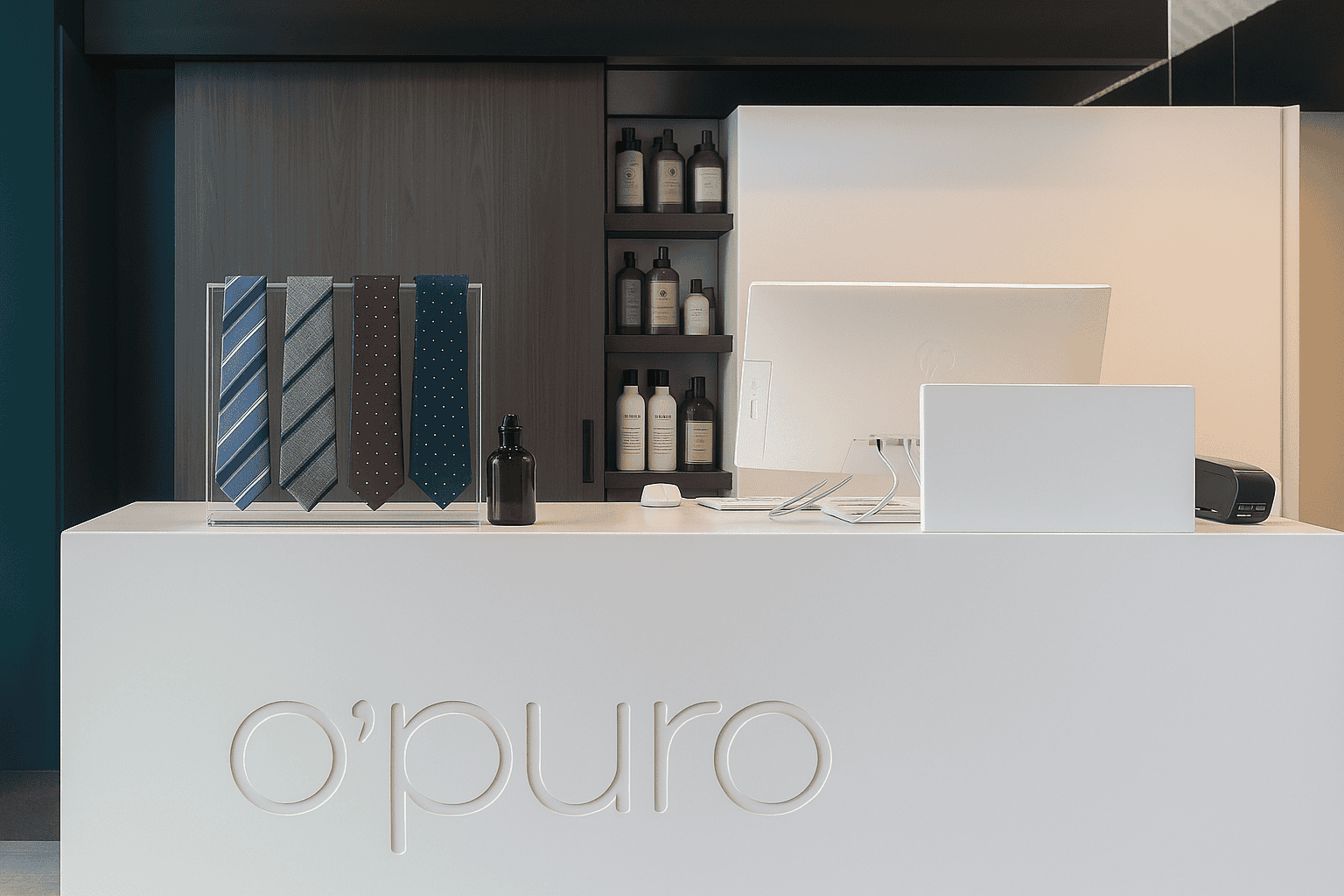 Stijlvolle receptie met merknaam Opuro, moderne interieur en zakelijke uitstraling.